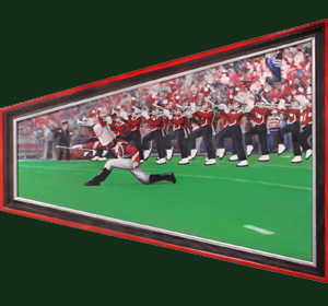 Painter - Oil Painting - On Wisconsin! - University of Wisconsin Marching Band performing show at football game - trombones, trumpets, drum major - on display at the Wisconsin Center for Music Education - Wisconsin Music Educators Association - Wisconsin School Music Association - Wisconsin Foundation for School Music - Waunakee, Wisconsin